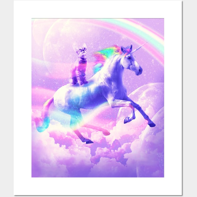 Kitty Cat Riding On Flying Unicorn With Rainbow Wall Art by Random Galaxy